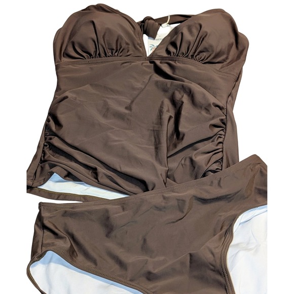 B2PRITY Tankini Swimsuit Brown Halter Neck Ruched Tummy Control Size L NWT - Picture 5 of 8